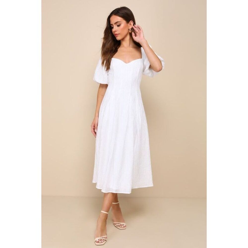 Lulus Heavenly Energy White Textured Puff Sleeve Pleated Midi Dress - Size M